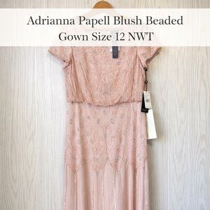 Adrianna Papell Blush Beaded Short Sleeve Gown Size 12 NWT